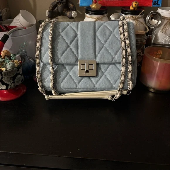 kate spade Denim Quilted Light Blue Shoulder Bag with Cream Chain - Picture 2 of 8